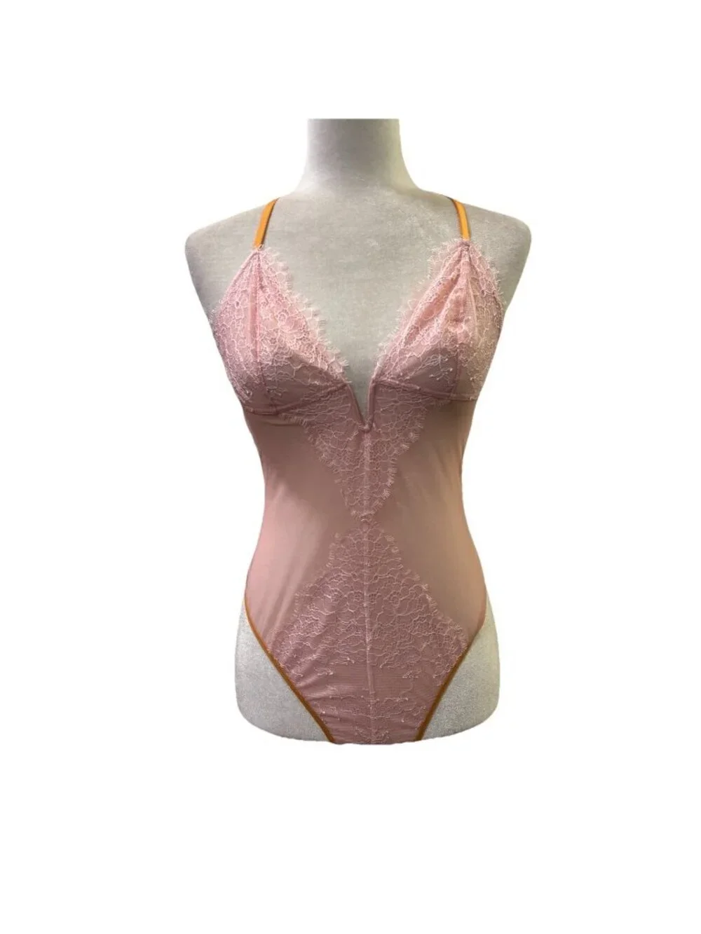 Victoria Secret Blush Pink Bodysuit Teddie V Neck Lace Detail Size Medium